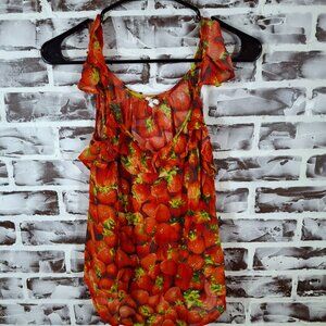 Anthropologie Size 4 Sleeveless Top Strawberry Print Ruffles Semi Sheer
